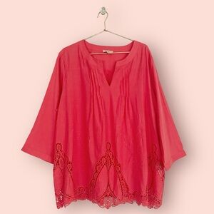 Saint Tropez West Crochet Cotton Popover Blouse Women’s Plus 1X Bright Coral